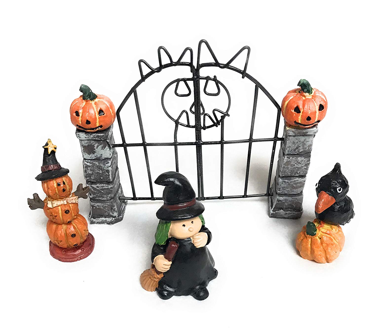 1 nautical crush trading halloween assortment, miniature fence with witch, pumpkin man, and black bird fairy garden miniature kit, amazon