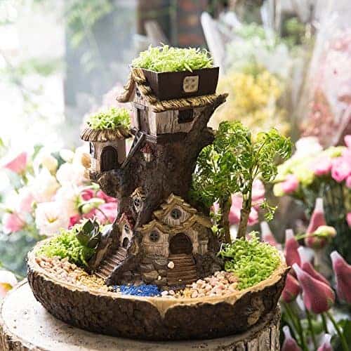 No Plants NCYP 10.5inches Forest Fairy Garden Miniature Stump Sweet House Resin Planter for Succulents Cactus DIY Modern Gardening Treehouse Sculpture Multilayer Decorative Flower Pot 
