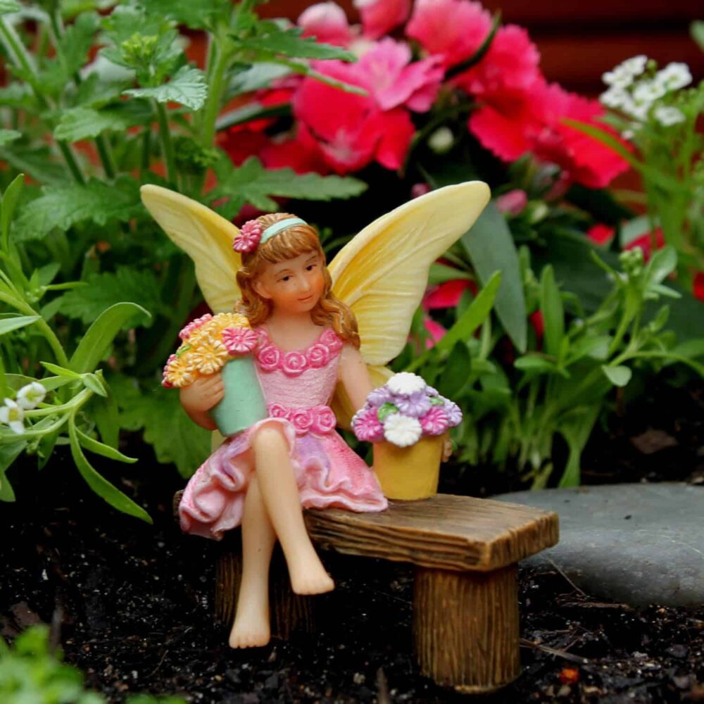 pretmanns fairy garden fairies accessories – fairy figurine isabella for a miniature garden – sitting fairy with buckets of flowers – 1 piece