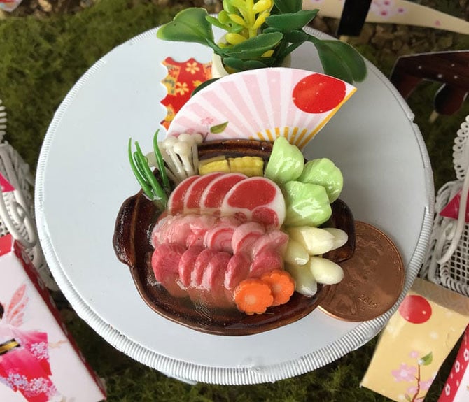 iaada's miniature japanese hot pot dish, sukiyaki in a shiny bowl, pink fan