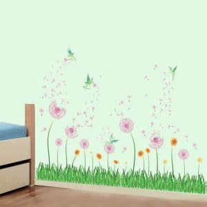 decalmile pink dandelion grass green plants wall corner decals