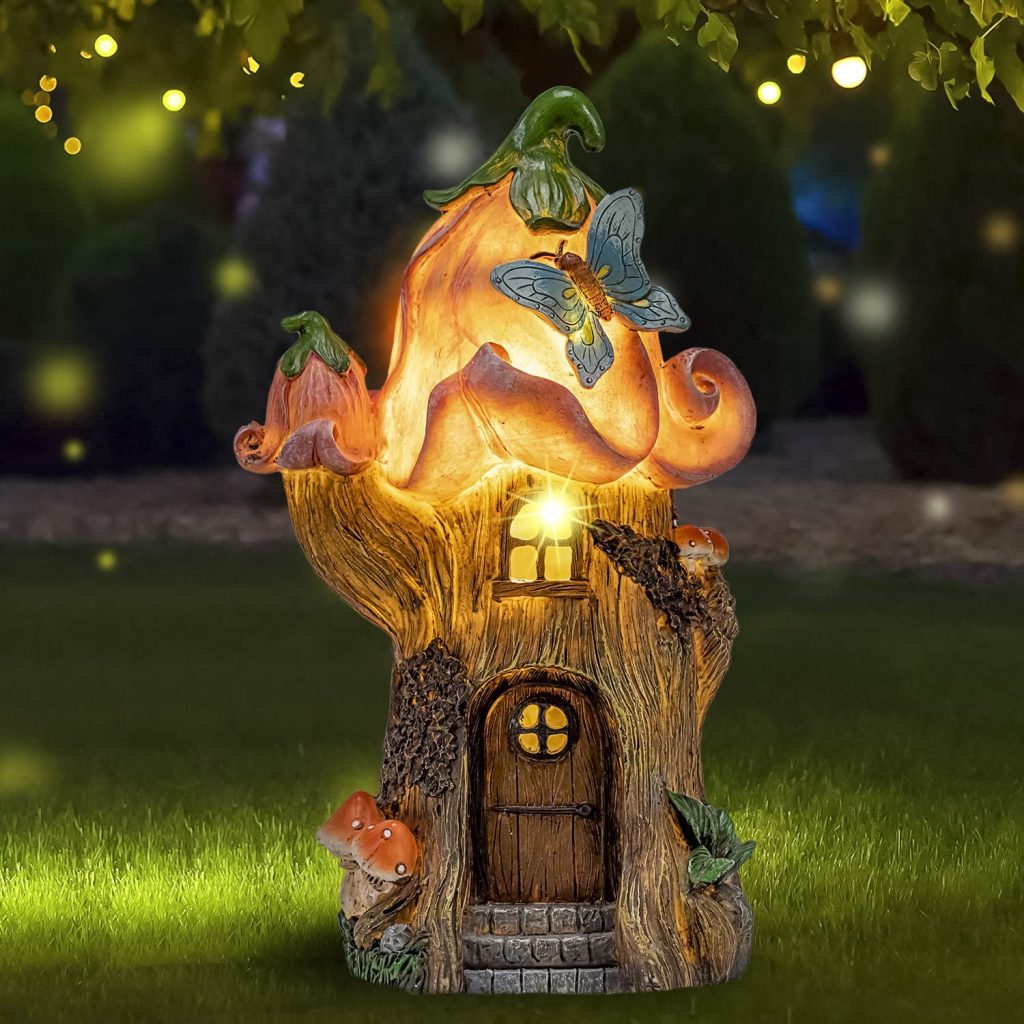 TERESA'S COLLECTIONS Mushroom Garden Statues with Solar Light, Cute Flocked  Fairy House Accessories Resin Cottage Figurines Lawn Ornaments Outdoor