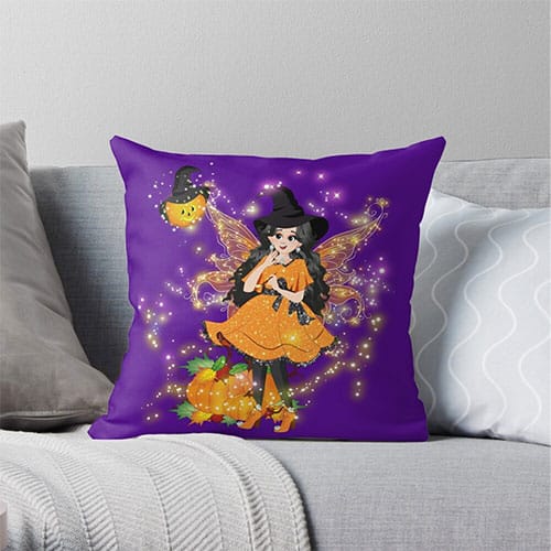 hallie's halloween shop and pumpkins throw pillow