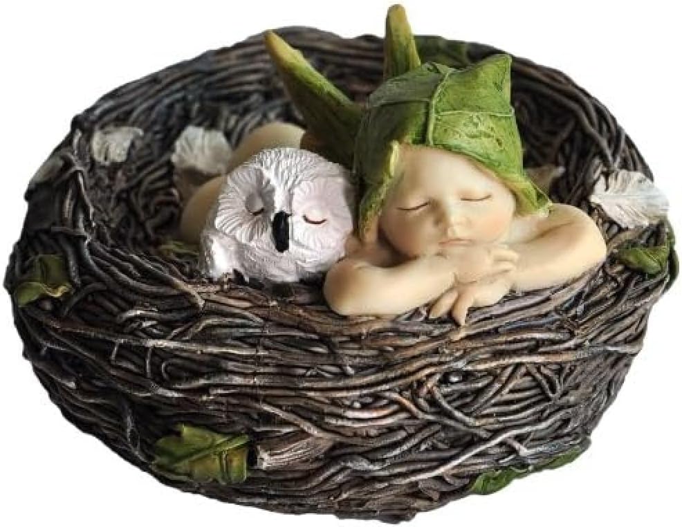 8 top collection 4202 sleeping fairy baby with owl in nest figurines, white, brown, cream, green
