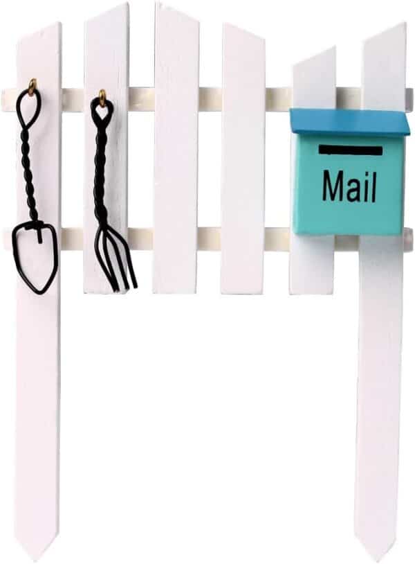 miniature wooden picket fence with blue mailbox mini
