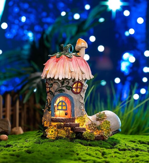 boot fairy house with solar outdoor light