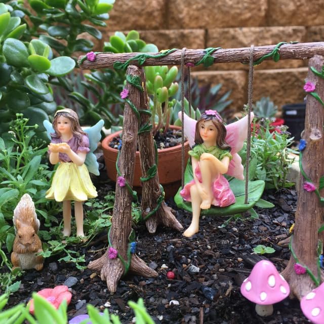 fairy garden accessories starter kit with figurines, swing set, squirrel & 2 mushrooms
