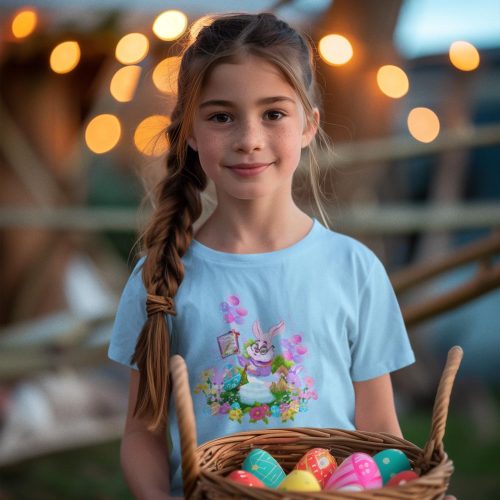 ai generated t shirt mockup featuring a smiling girl on a fun easter egg hunt m38571
