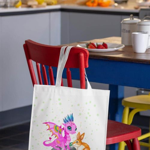 grocery bag mockup hanging from a red chair at a breakfast table 27615