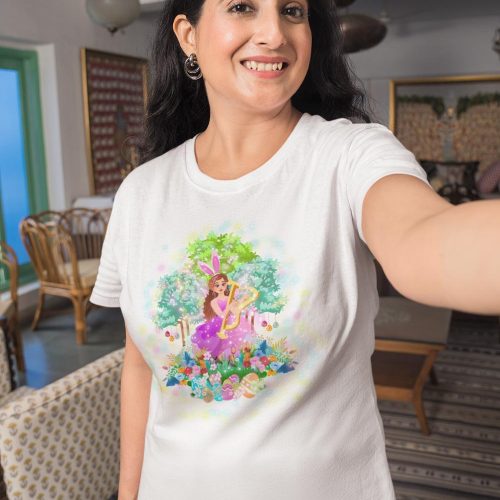 t shirt mockup of an adult woman taking a selfie at home m29667